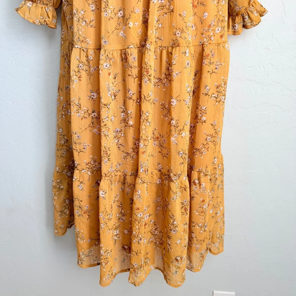 August Sky Mustard Yellow Floral Smocked Tiered Midi Dress Small Long Sleeve - Picture 5 of 13